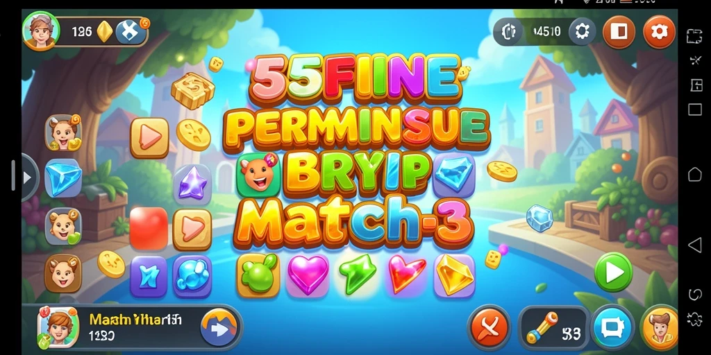 Screenshot gameplay 55FIVE dengan elemen Match-3 yang cerah.