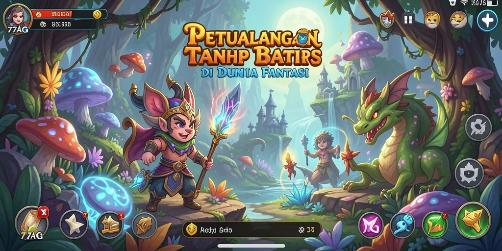 Screenshot gameplay 77AG menunjukkan karakter menjelajahi dunia petualangan yang luas.