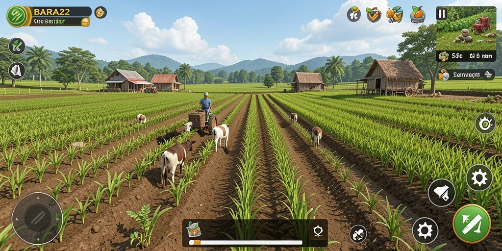 Tampilan seru dalam gameplay bertani BARA22 yang penuh warna.
