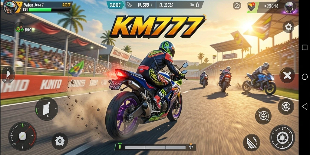 Tampilan gameplay balapan motor yang mendebarkan di KM777.