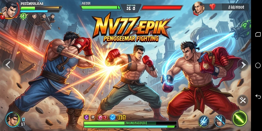 Screenshot utama NV77 menampilkan karakter bertarung dalam arena yang menegangkan.