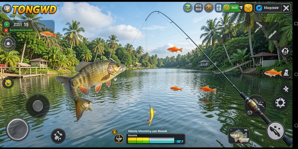 Tampilan gameplay TONGWD dengan aksi memancing yang seru.